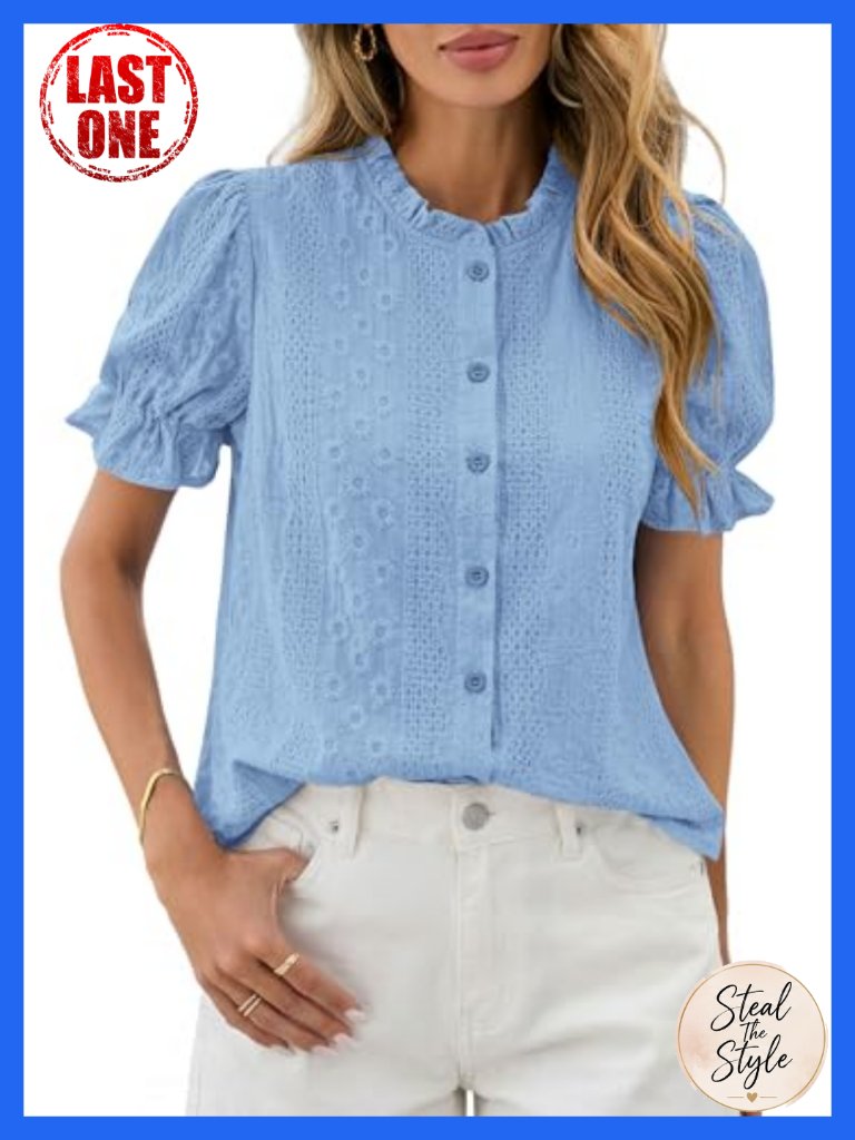Embroidered Puff Short Sleeve Blouse Button Down Cotton Top